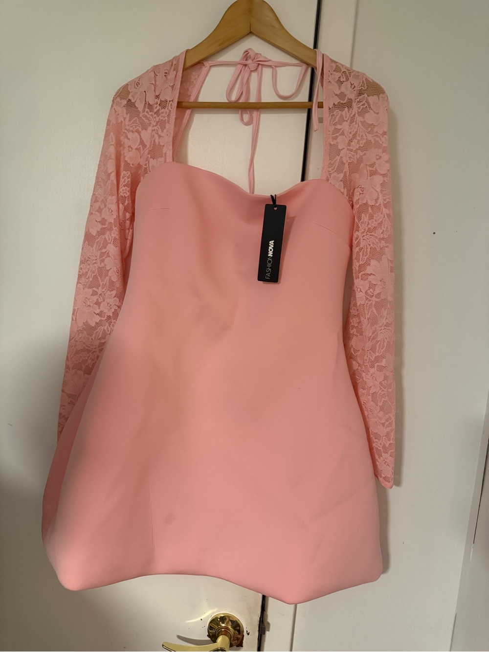 Fashion Nova Pink Strapless Lace-Sleeve Mini Dress